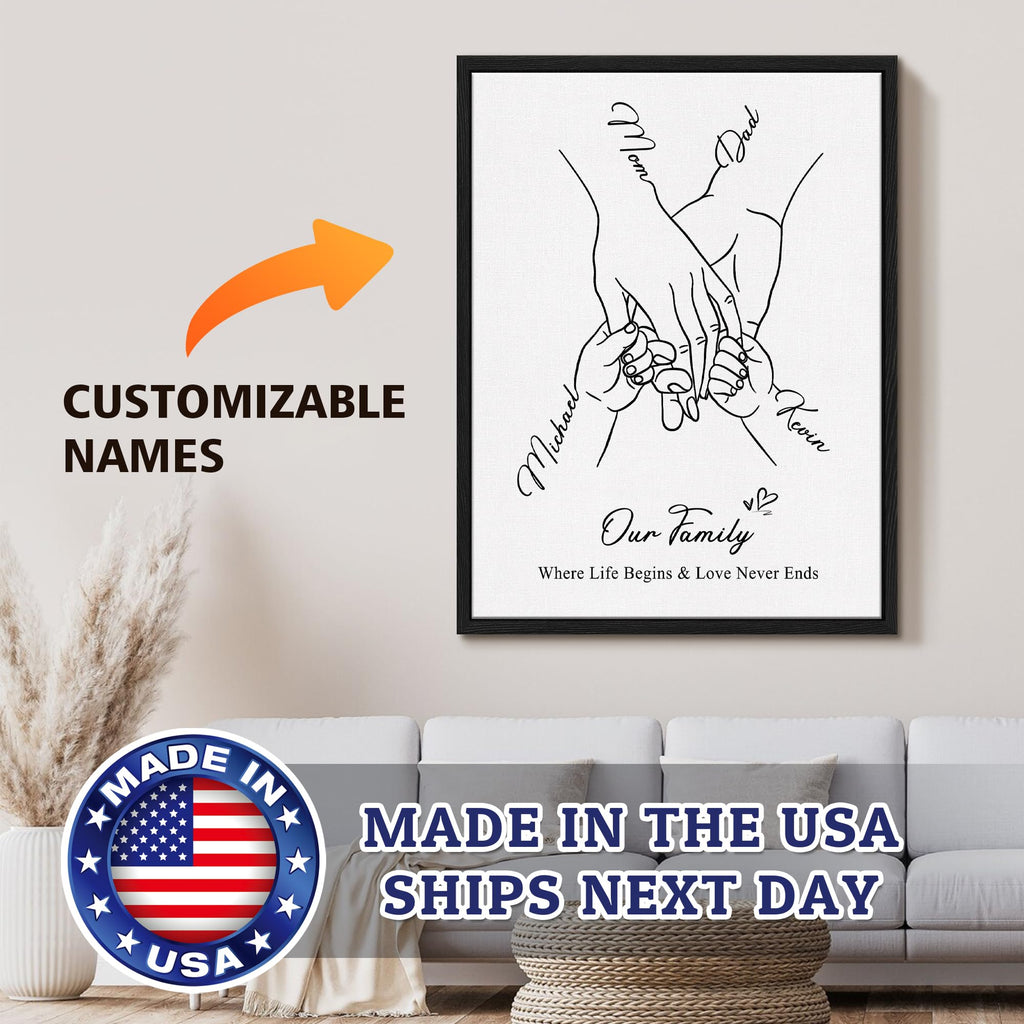 Personalized Mothers Day Birthday Gifts For Mom Wife Women, Custom Family Holding Hands Canvas Prints Frame Wall Art With Names, Customized Mom Gifts From Daughter Son Kids Husband