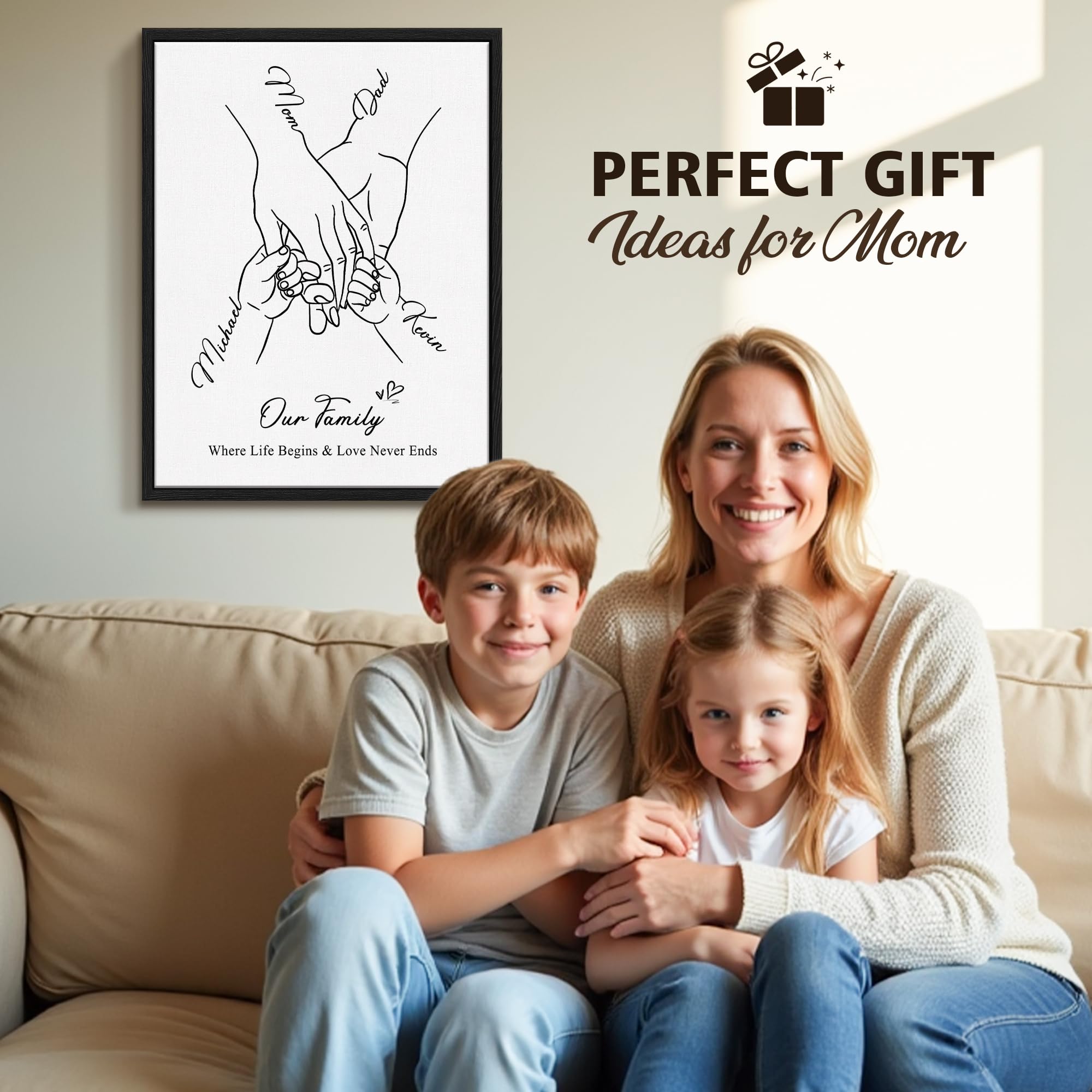 Personalized Mothers Day Birthday Gifts For Mom Wife Women, Custom Family Holding Hands Canvas Prints Frame Wall Art With Names, Customized Mom Gifts From Daughter Son Kids Husband