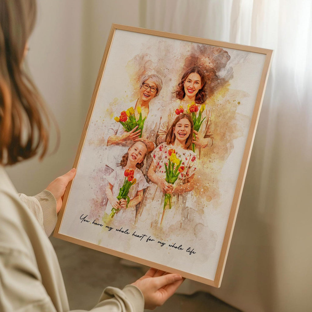Noni Personalized Family Portrait Wall Art, Custom Watercolor Portrait From Photo, Personalized Family Art, Mother's Day, Birhtday Gifts, Grandma Photo Gifts, Custom Canvas For Mom Grandma Style 2
