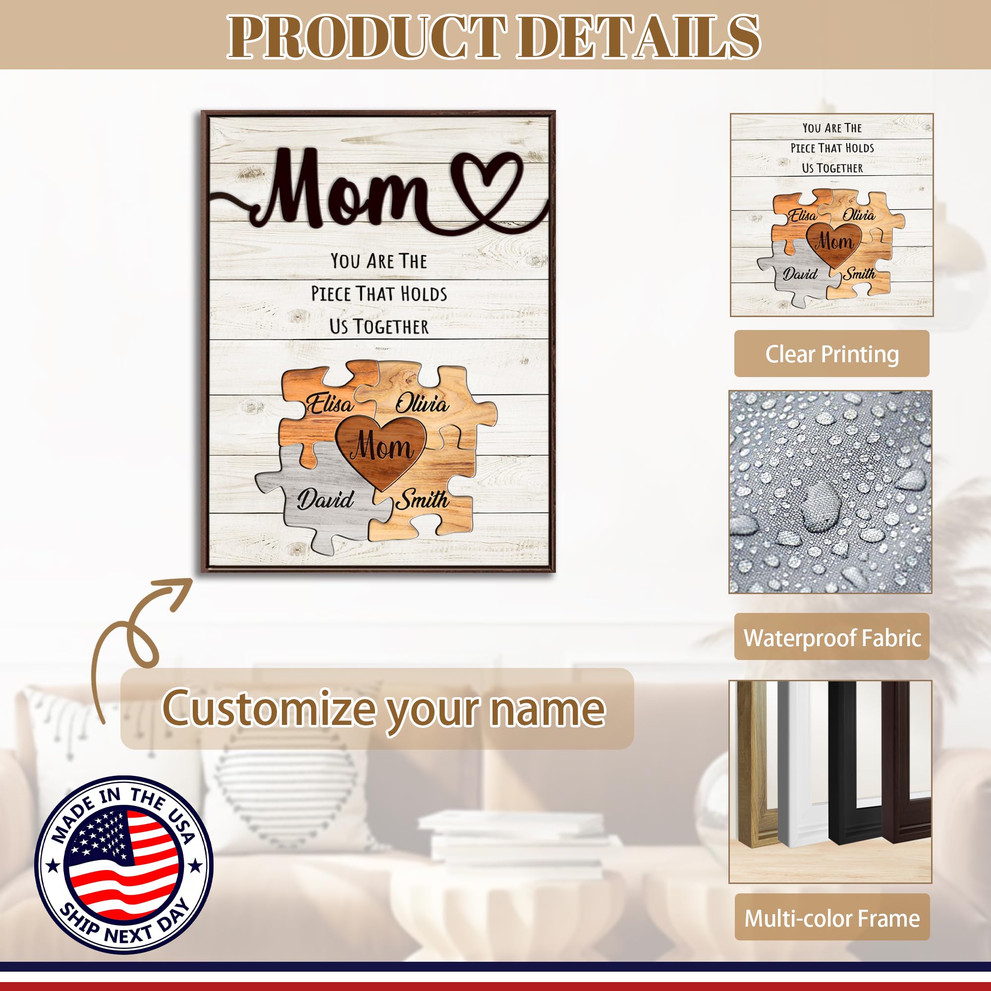 Personalized Mothers Day Idea Gifts for Mom from Daughter Son Kids Husband Custom Puzzles Sign Canvas Prints with Names for Mom Nana Grandma Customized Mother's Day Birthday Wall Art Decoration Gift